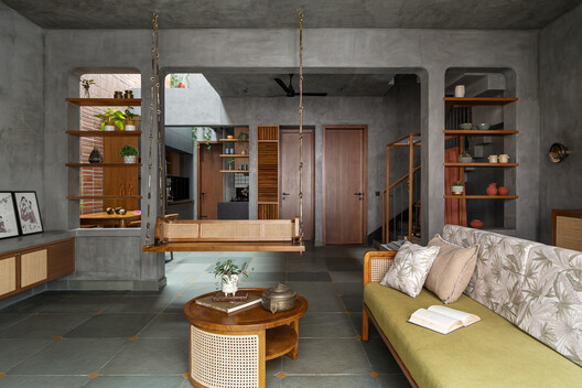 Vaastavya Residence / Space Agency - Interior Photography, Living Room, Wood, Table, Lighting, Chair